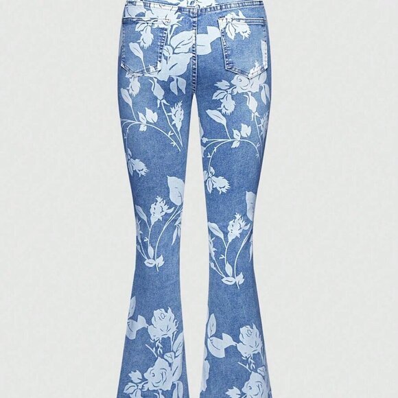 Light Wash Casual Women's Floral Printed Bootcut High Waisted Stretch Jeans - Picture 3 of 6